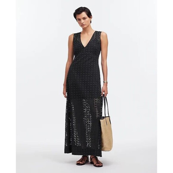 MADEWELL Eyelet V-Neck Maxi Dress 2 Black V-Neck Cottagecore Lined NWT B30